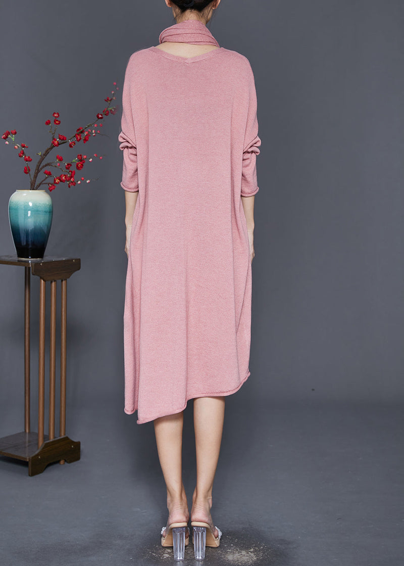 Pink V Neck Complimentary Scarf Knit Dress Fall