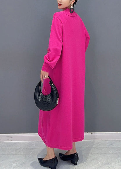 Pink V Neck Knit Long Dress Long Sleeve