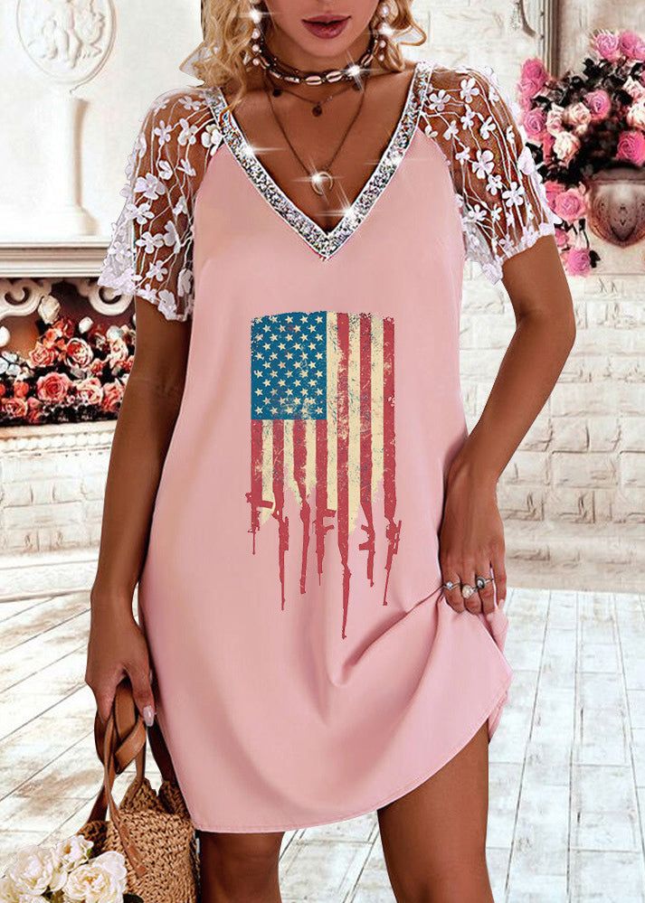 Pink V Neck Lace Patchwork Hollow Out Cotton Holiday Dress Short Sleeve