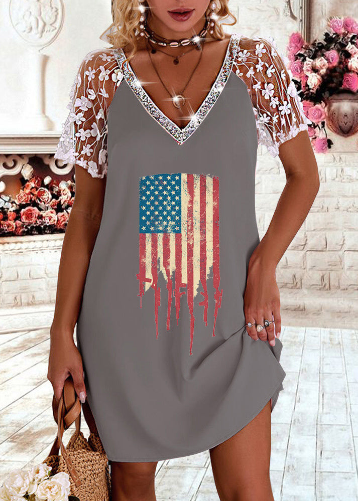 Pink V Neck Lace Patchwork Hollow Out Cotton Holiday Dress Short Sleeve