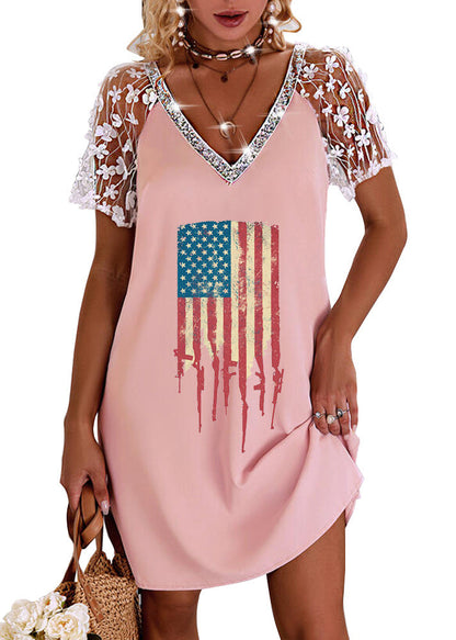 Pink V Neck Lace Patchwork Hollow Out Cotton Holiday Dress Short Sleeve