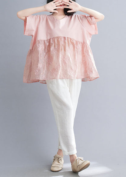 Pink V Neck Patchwork Jacquard Cotton Tank Tops Short Sleeve