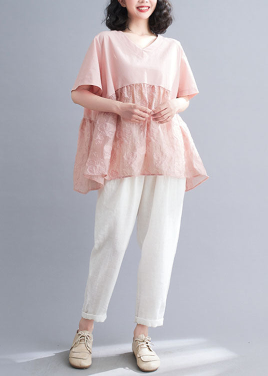 Pink V Neck Patchwork Jacquard Cotton Tank Tops Short Sleeve