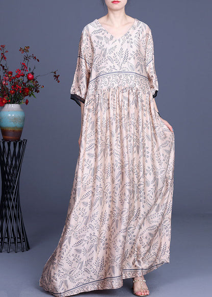 Pink V Neck Silk Maxi Dress Half Sleeve