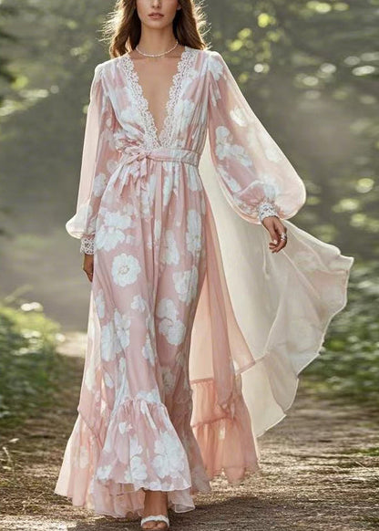 Pink V Neck Tie Waist Chiffon Holiday Dress Spring