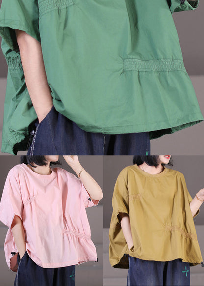 Pink Wrinkled Drawstring Cotton Pullover Sweatshirt Top Summer