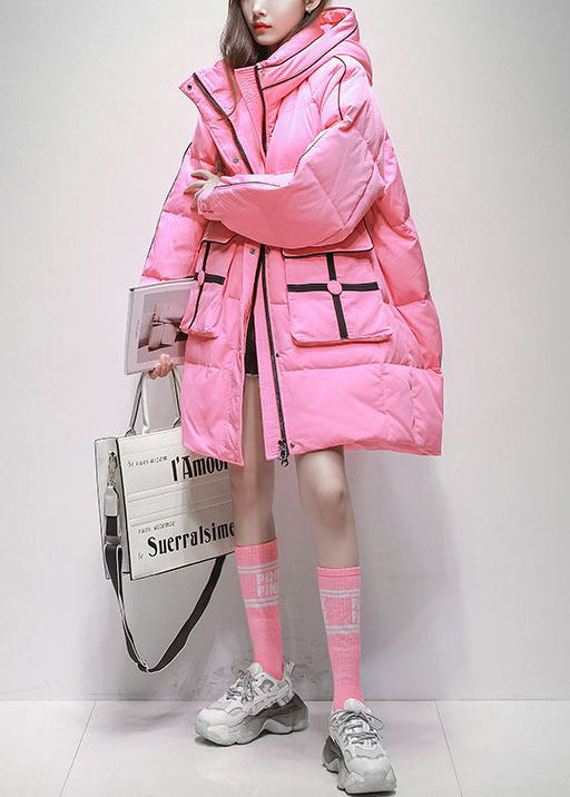 Pink Zip Up Pockets Hooded Duck Down Puffer Coat Winter