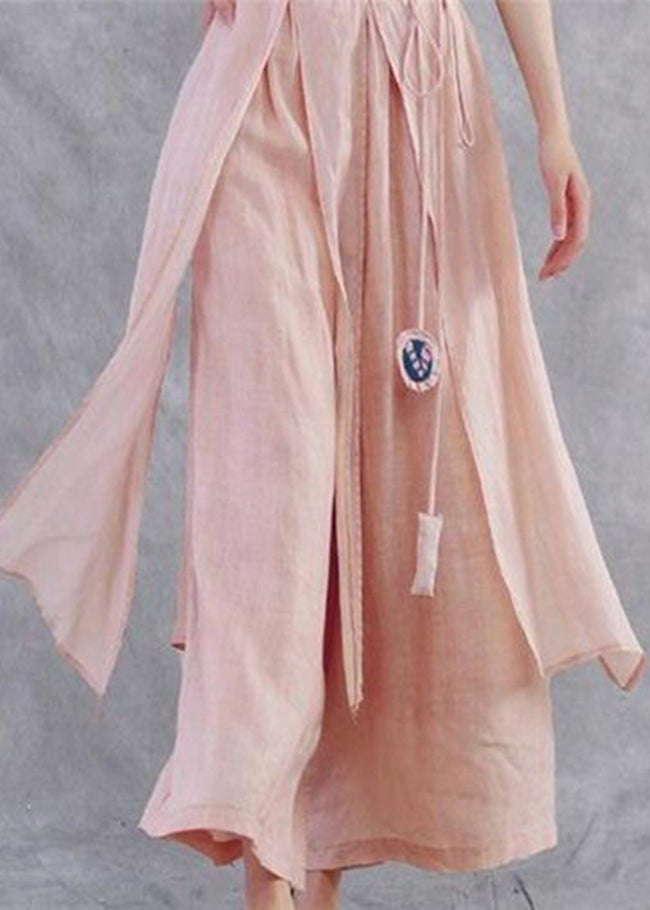 Pink Tie Waistasymmetrical Linen Wide Leg Pants Spring