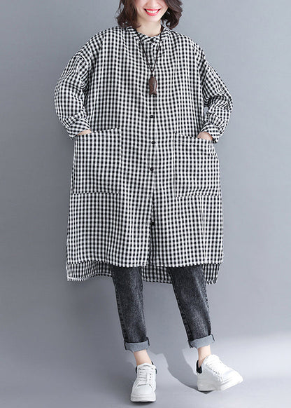 Plaid Button Pockets Patchwork Cotton Shirts Dresses Fall