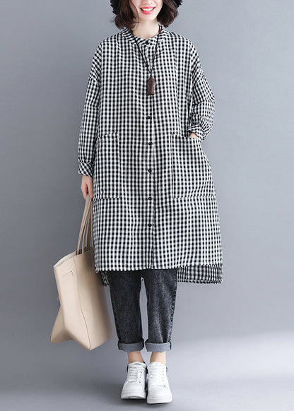 Plaid Button Pockets Patchwork Cotton Shirts Dresses Fall
