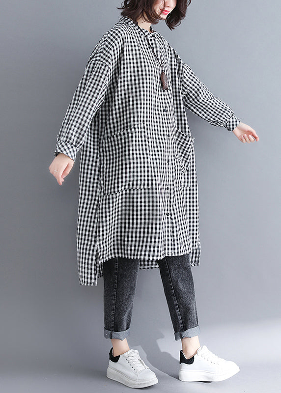 Plaid Button Pockets Patchwork Cotton Shirts Dresses Fall