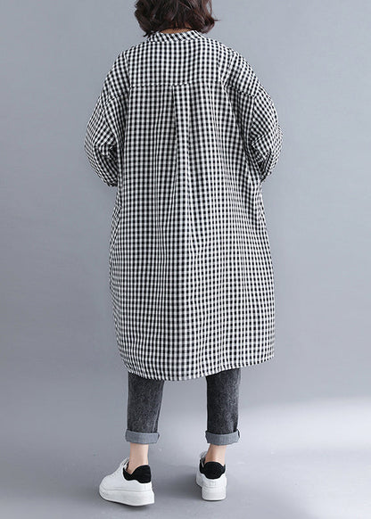 Plaid Button Pockets Patchwork Cotton Shirts Dresses Fall