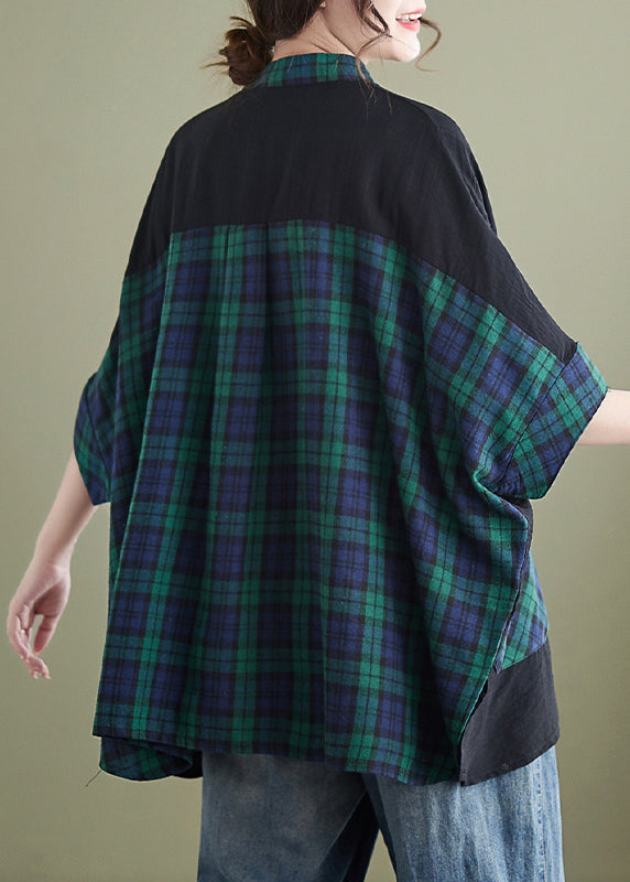 Plaid Button Pockets Patchwork Cotton Tops Batwing Sleeve