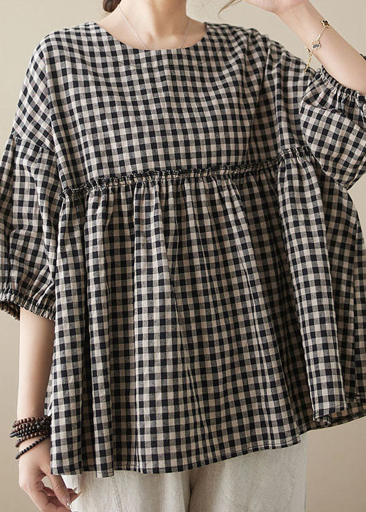 Plaid O Neck Wrinkled Patchwork Cotton Top Lantern Sleeve