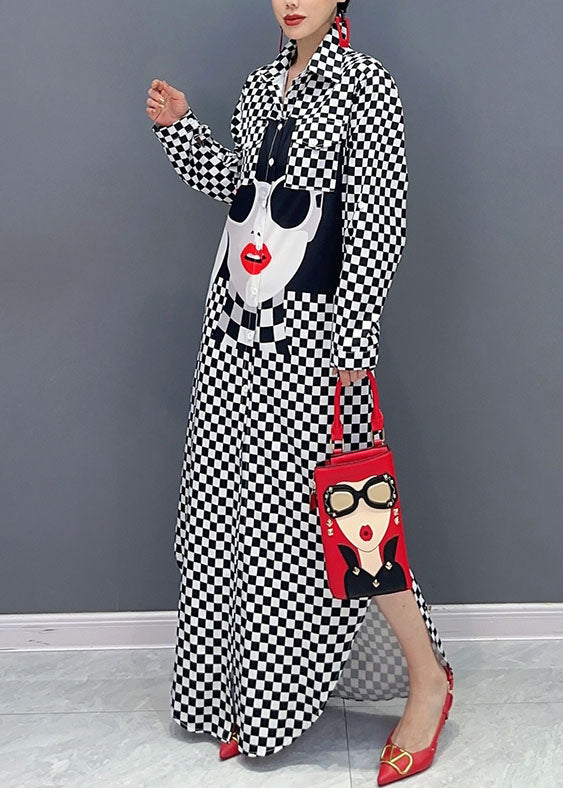 Plaid Patchwork Peter Pan Collar Print Girl Side Open Long Shirts Dresses Long Sleeve