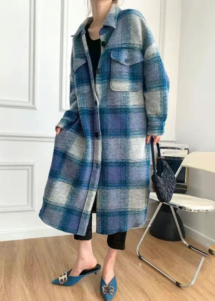 Plaid Peter Pan Collar Button Woolen Long Shirt Coats Spring