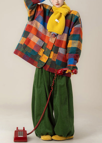 Plaid Pockets Woolen Coat and Green Pants Two Pieces Set Winter