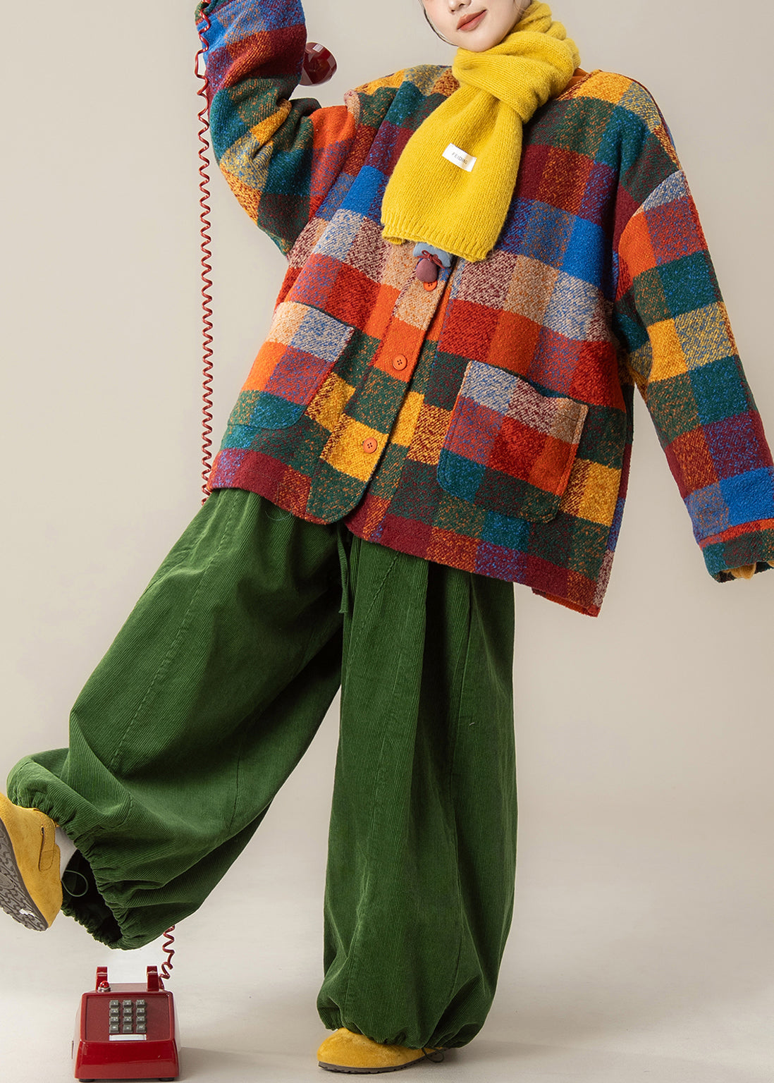 Plaid Pockets Woolen Coat and Green Pants Two Pieces Set Winter
