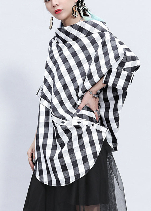 Plaid Stand Collar Asymmetrical Patchwork Button Linen Tops Batwing Sleeve