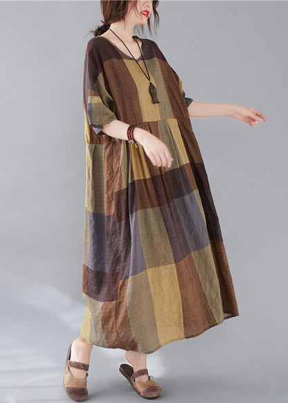 Plaid V Neck Patchwork Linen Long Dresses Summer