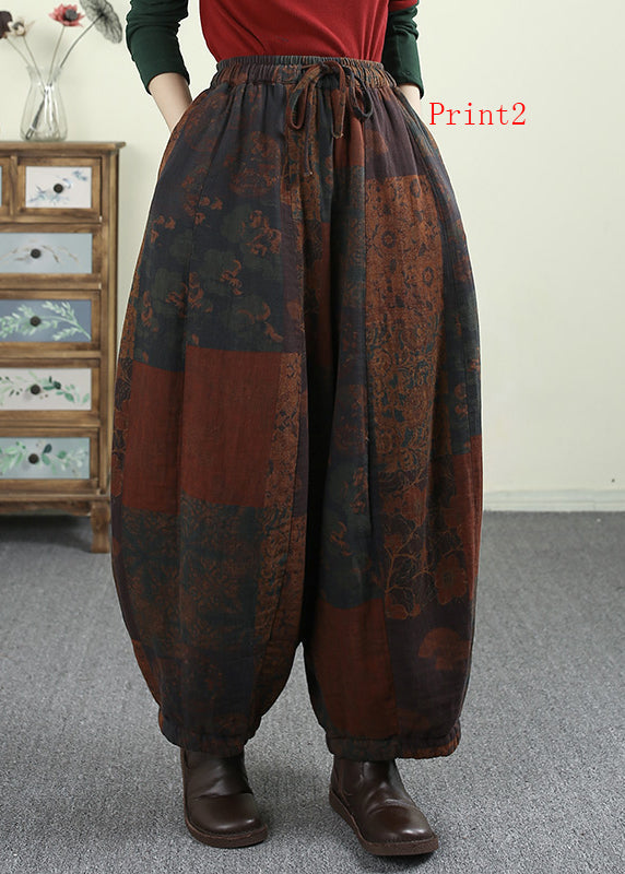 Pockets Print Elastic Waist Fine Cotton Filled Pants Winter