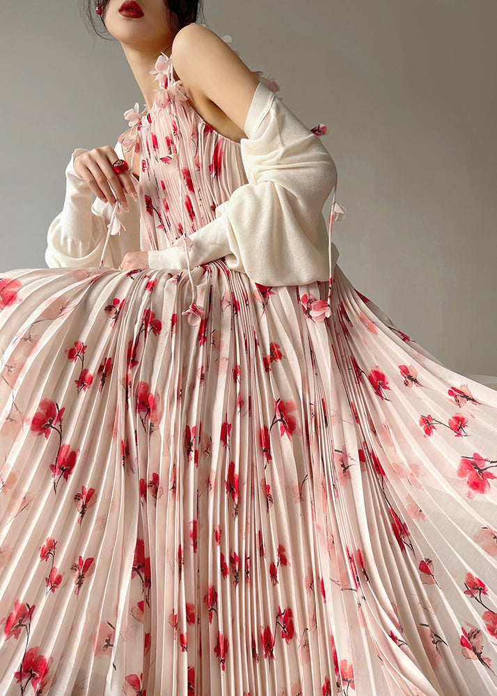 Print Chiffon Pleated Maxi Dress Sleeveless