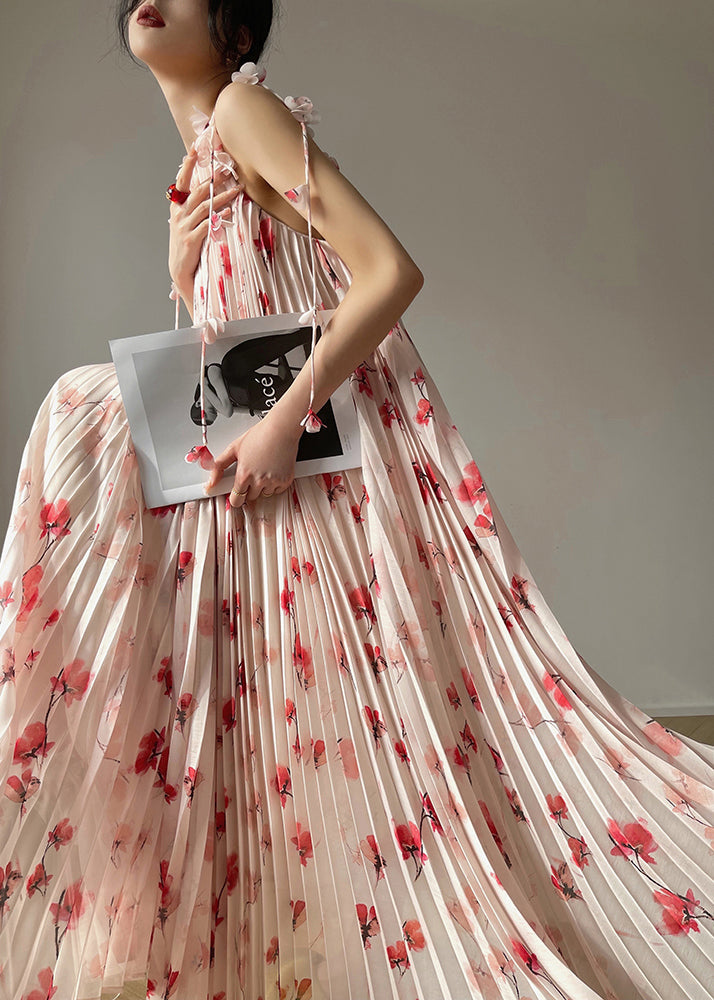 Print Chiffon Pleated Maxi Dress Sleeveless