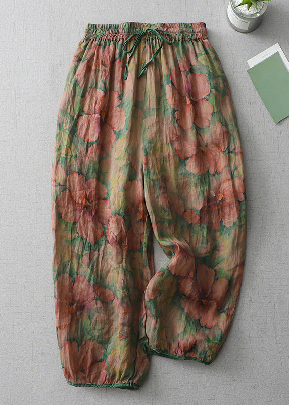 Print Lace Up Elastic Waist Cotton Crop Pants Spring