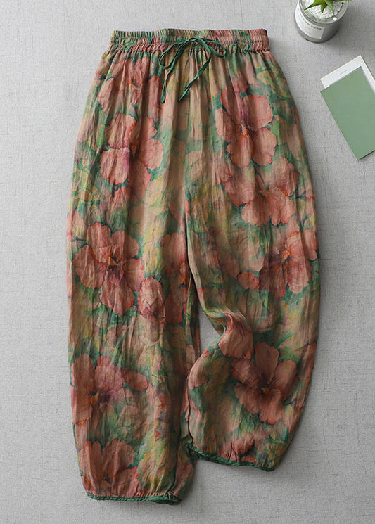 Print Lace Up Elastic Waist Cotton Crop Pants Spring