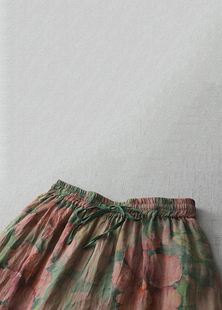 Print Lace Up Elastic Waist Cotton Crop Pants Spring