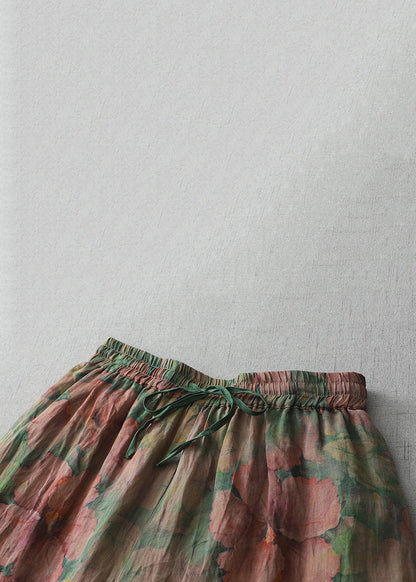 Print Lace Up Elastic Waist Cotton Crop Pants Spring