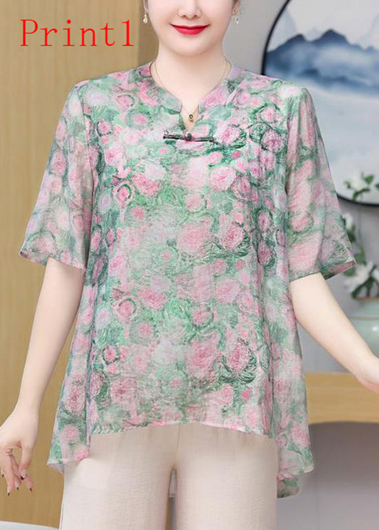 Print Oriental Button Chiffon Top Summer