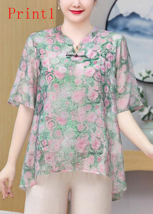 Print Oriental Button Chiffon Top Summer