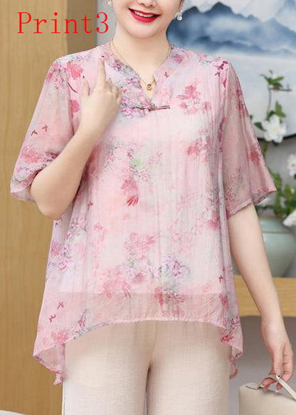 Print Oriental Button Chiffon Top Summer