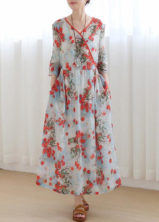 Print Oriental Linen Tie Waist Summer Mid Dress