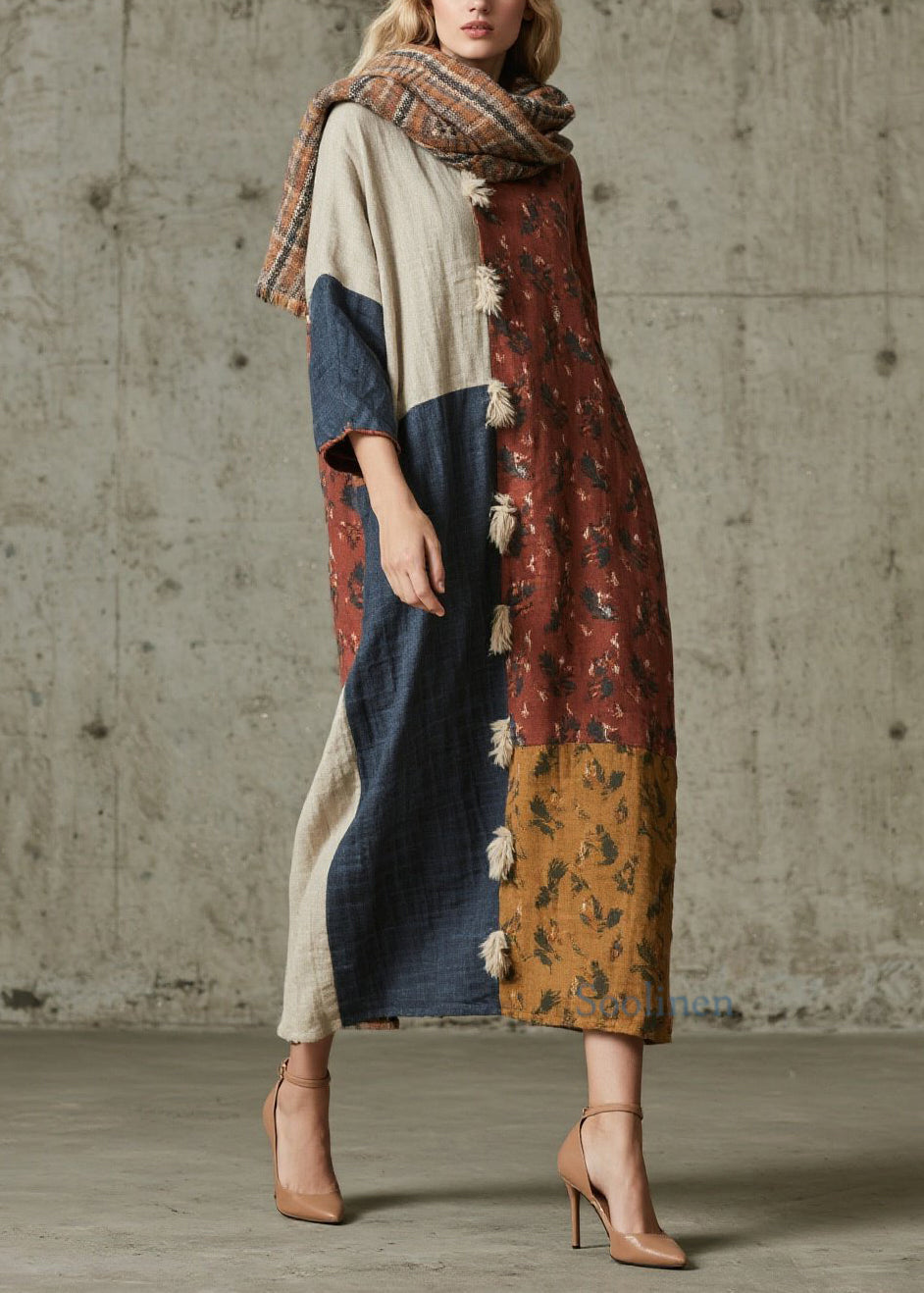 Print Patchwork Cotton Maxi Dresses Fall