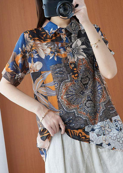 Print Peter Pan Collar Button Cotton Linen Top Summer