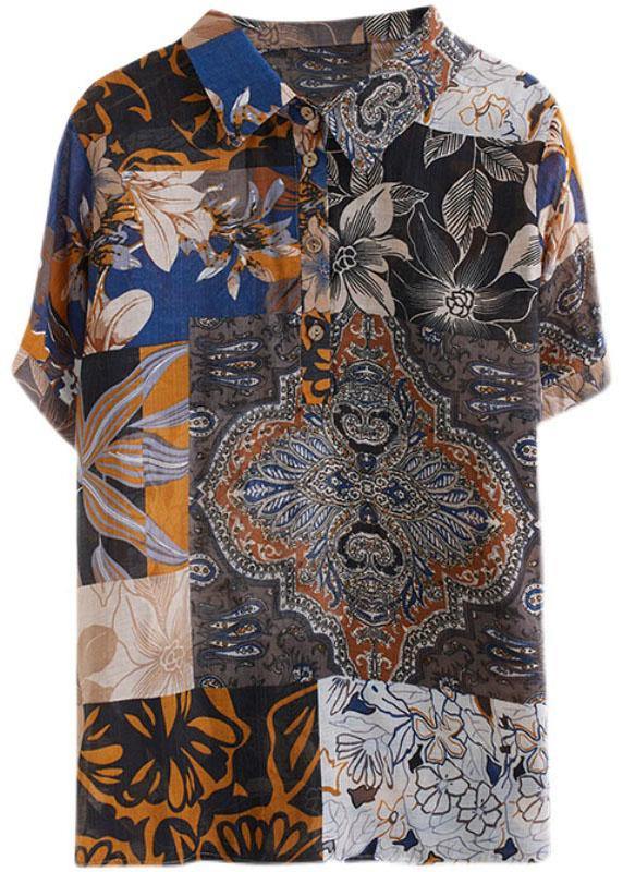 Print Peter Pan Collar Button Cotton Linen Top Summer