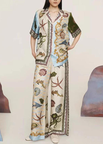 Print Shirts and Wide Leg Pants Two Piece Set Summer