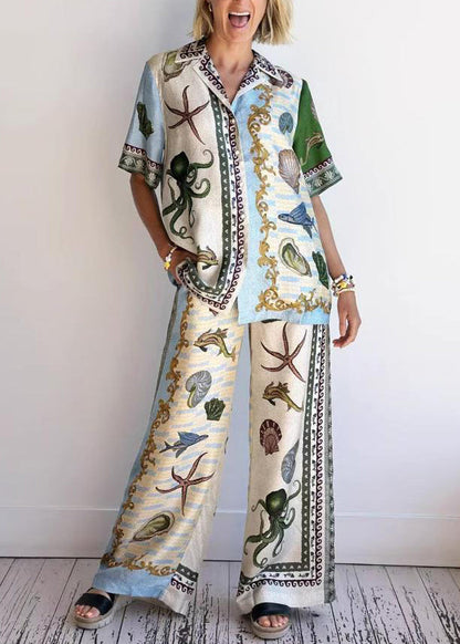 Print Shirts and Wide Leg Pants Two Piece Set Summer