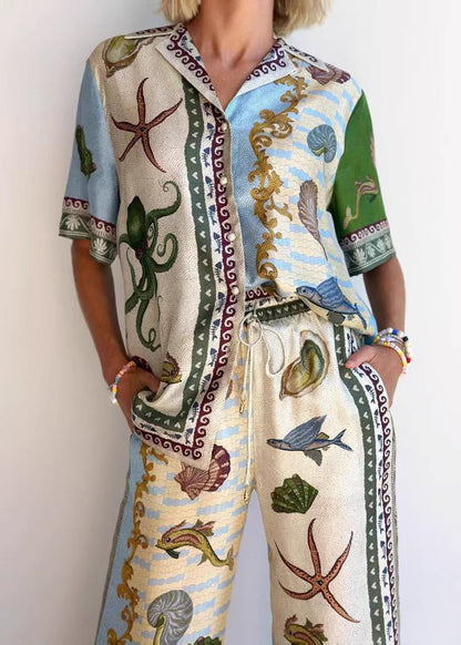 Print Shirts and Wide Leg Pants Two Piece Set Summer