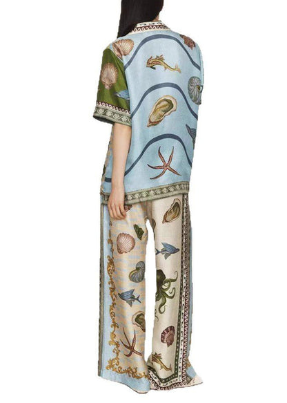 Print Shirts and Wide Leg Pants Two Piece Set Summer