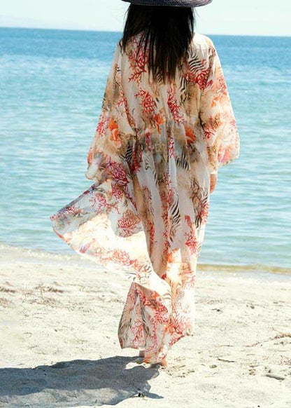 Print Tie Waist Kimono Robe Oversize Chiffon Dress