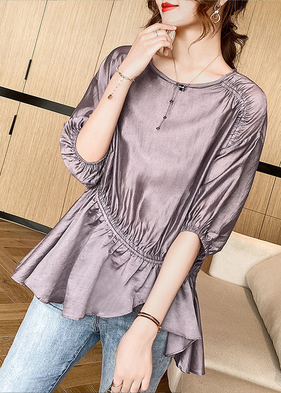 Purple Asymmetrical Drawstring Wrinkled Silk Shirt Top Summer