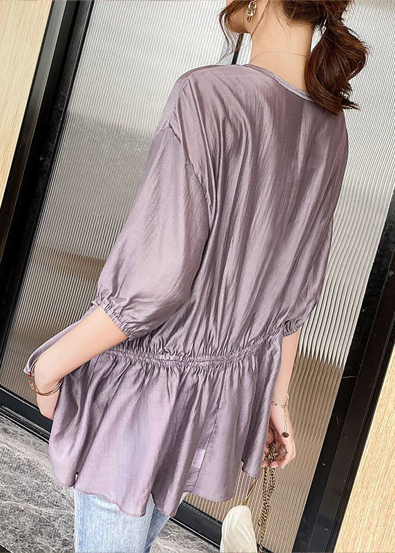 Purple Asymmetrical Drawstring Wrinkled Silk Shirt Top Summer