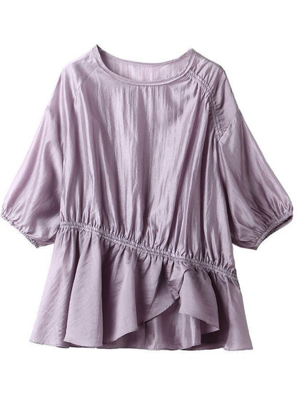 Purple Asymmetrical Drawstring Wrinkled Silk Shirt Top Summer