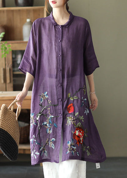Purple Button Embroideried Fall Shirt Half Sleeve