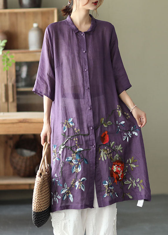Purple Button Embroideried Fall Shirt Half Sleeve