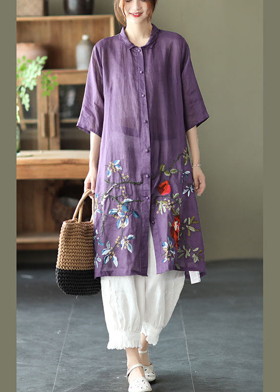 Purple Button Embroideried Fall Shirt Half Sleeve