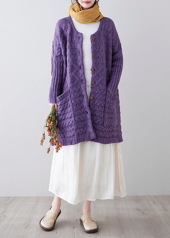 Purple Button Pockets Cotton Knit Cardigan Fall